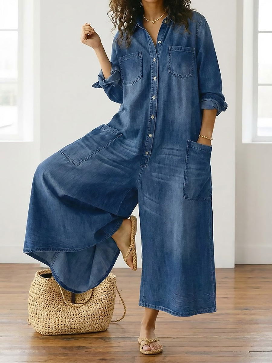 Saylor - Vintage Washed Soft Cotton Denim Jumpsuit with Button Closure
