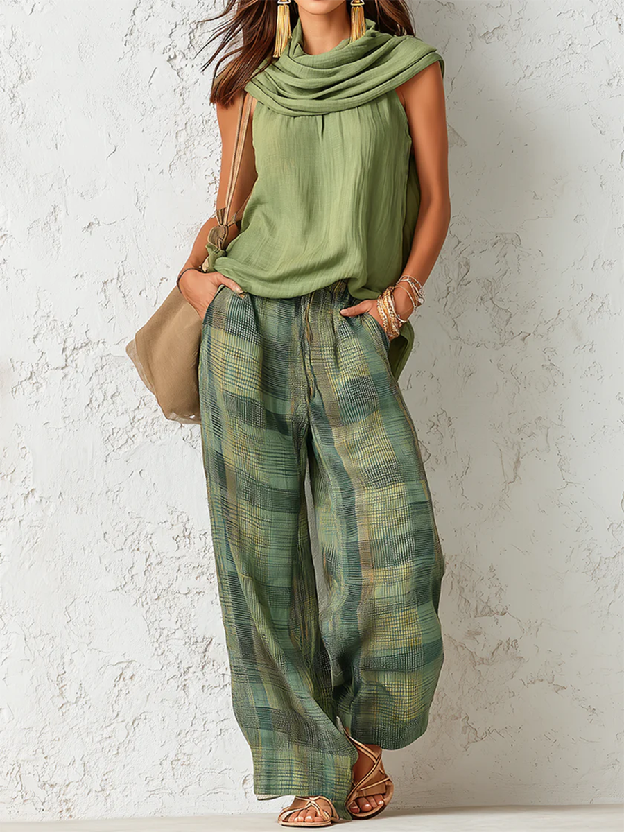 Sage - Breeze Tank Top and Wide Check Trousers Set
