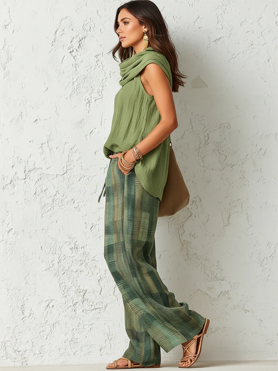 Sage - Breeze Tank Top and Wide Check Trousers Set