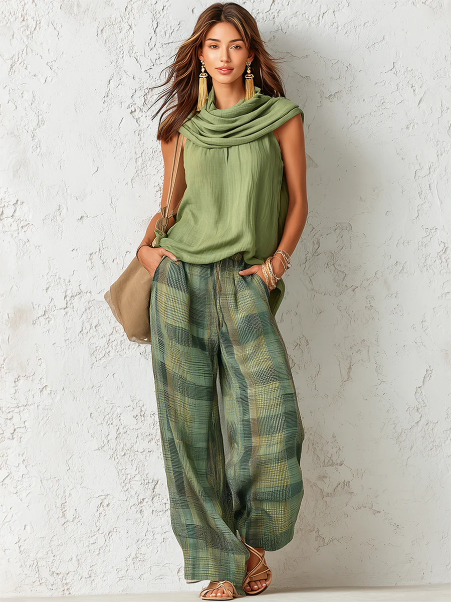 Sage - Breeze Tank Top and Wide Check Trousers Set
