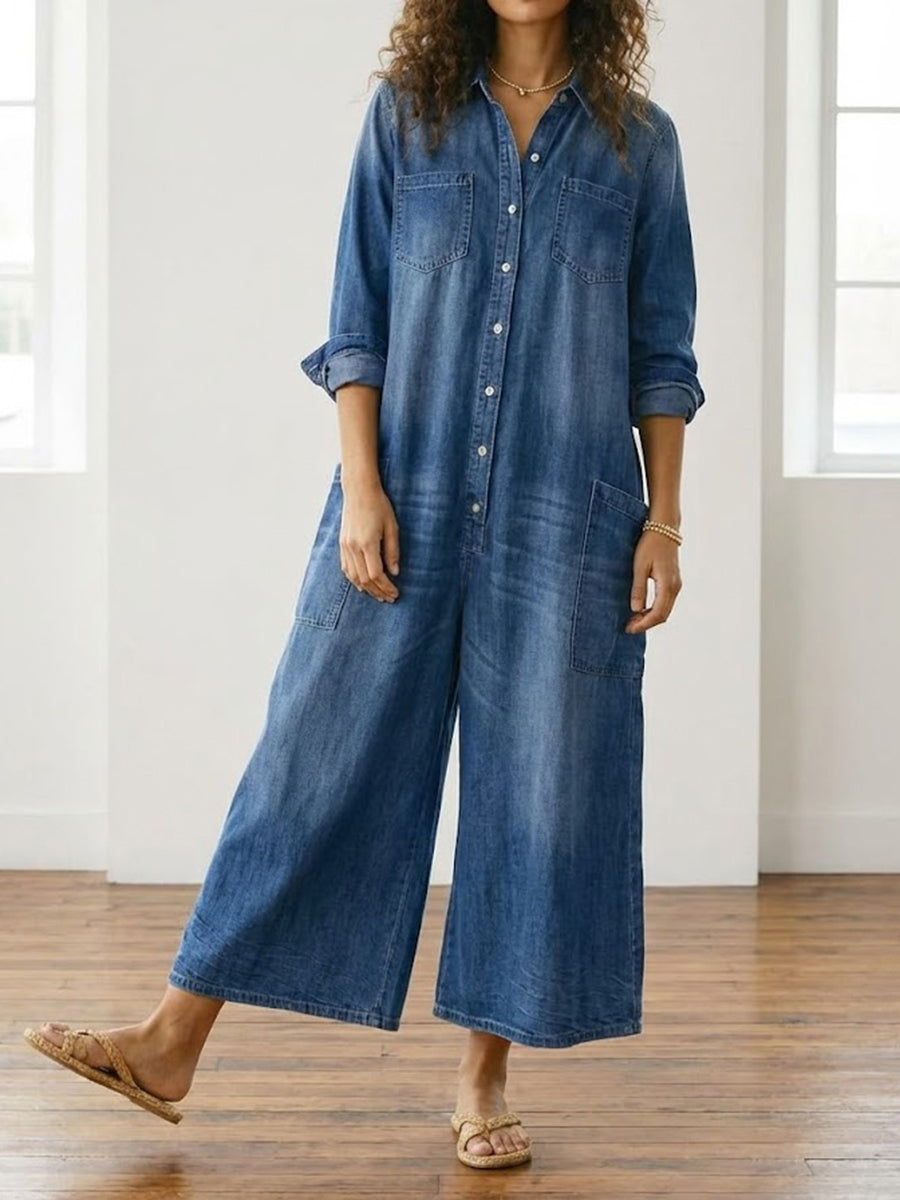 Saylor - Vintage Washed Soft Cotton Denim Jumpsuit with Button Closure