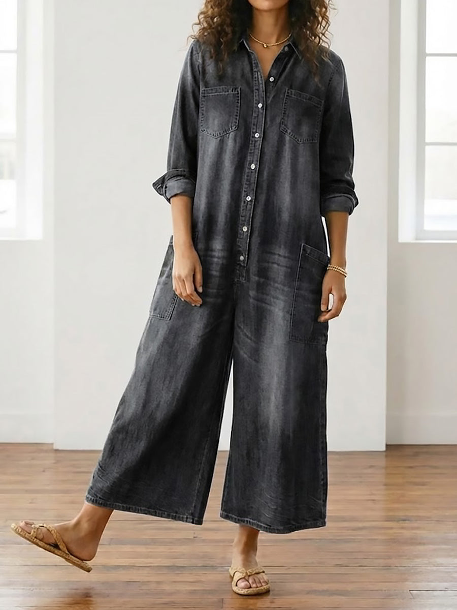 Saylor - Vintage Washed Soft Cotton Denim Jumpsuit with Button Closure