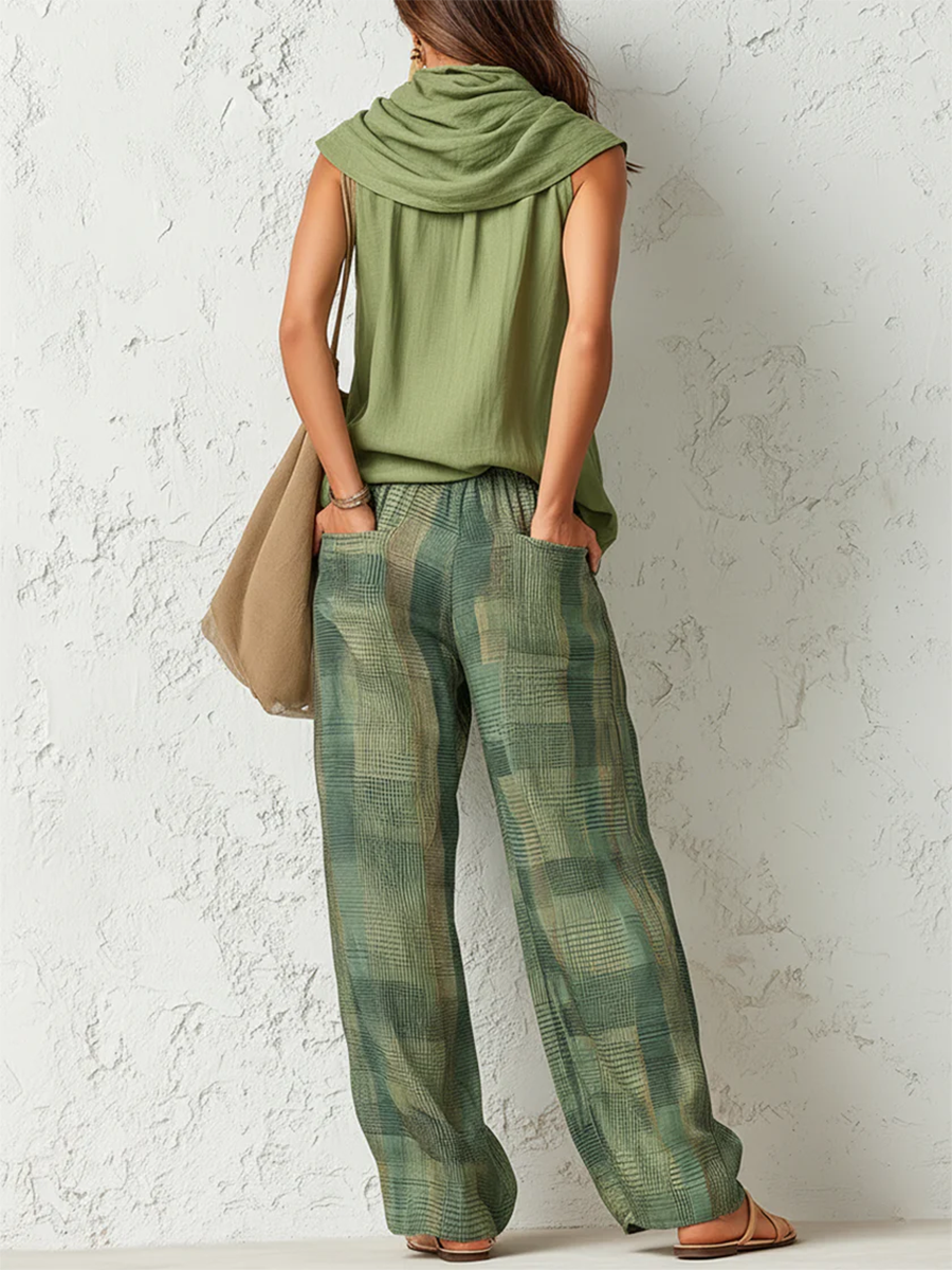 Sage - Breeze Tank Top and Wide Check Trousers Set