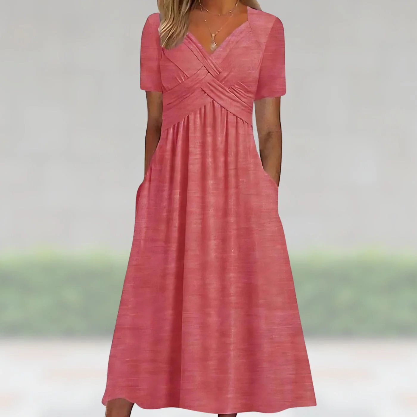 Sanne™ – V-neck Pleated Maxi Dress with Pockets