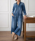 Saylor - Vintage Washed Soft Cotton Denim Jumpsuit with Button Closure
